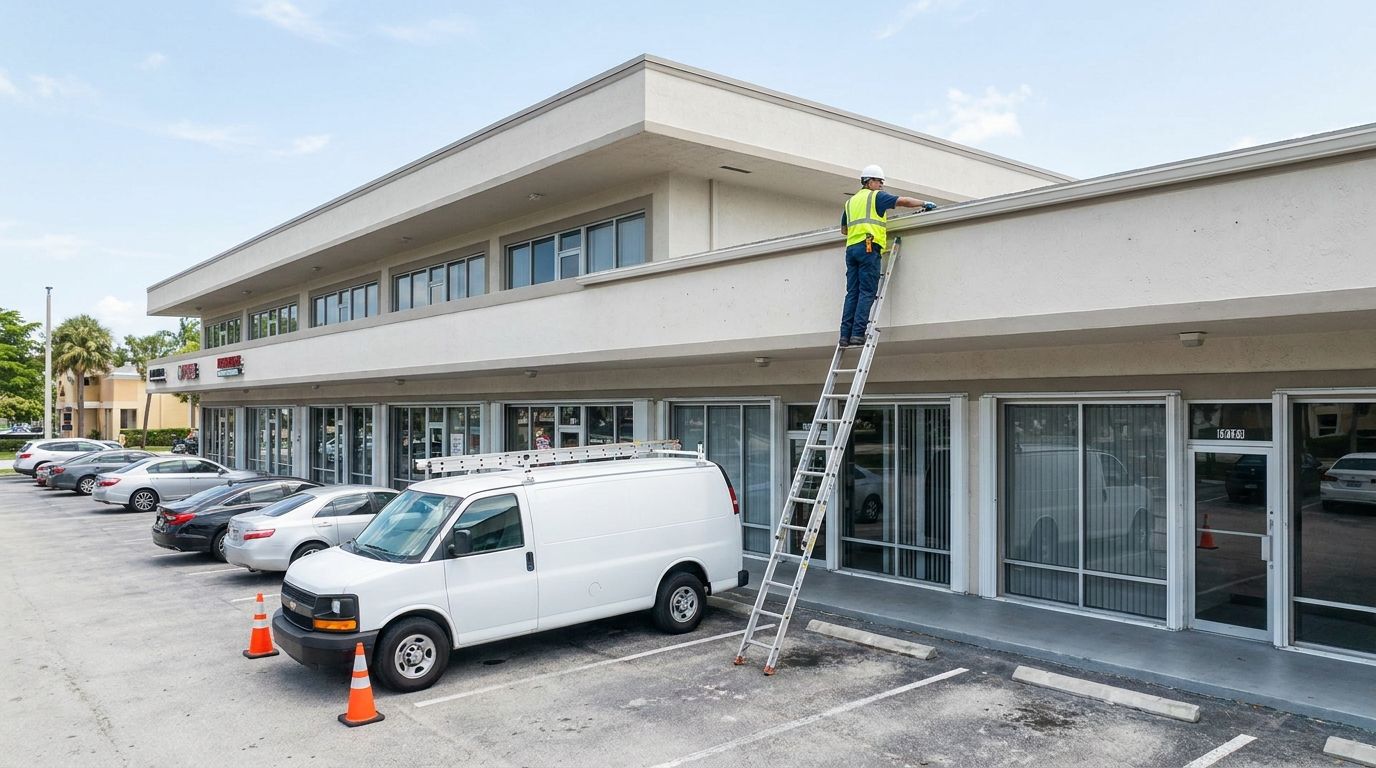 Technician cleaning gutters on a Pembroke Pines commercial strip plaza building