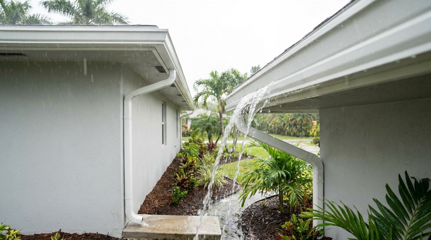 Rainwater channeled through a gutter and downspout away from the foundation of a Florida home during heavy rain