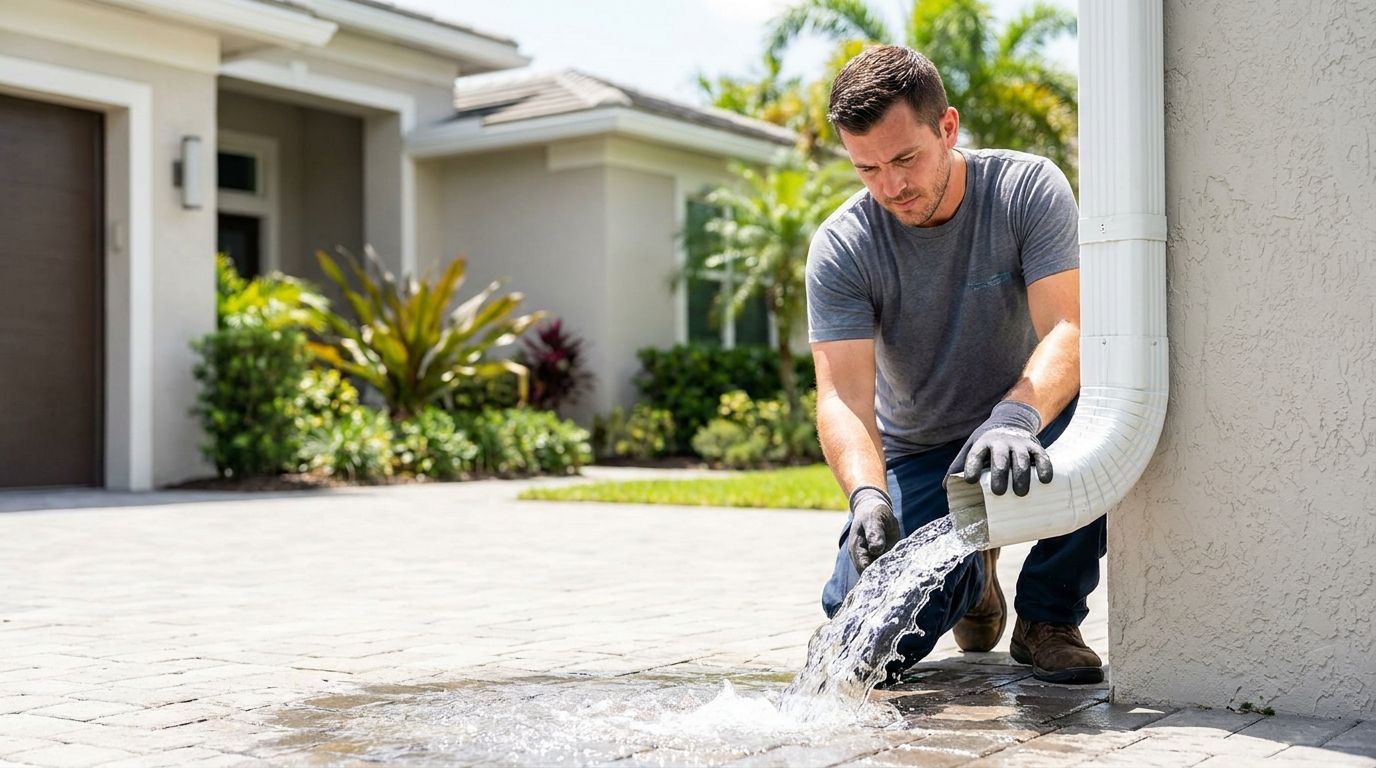 Water running free from a cleared downspout after downspout cleaning on a Pembroke Pines home