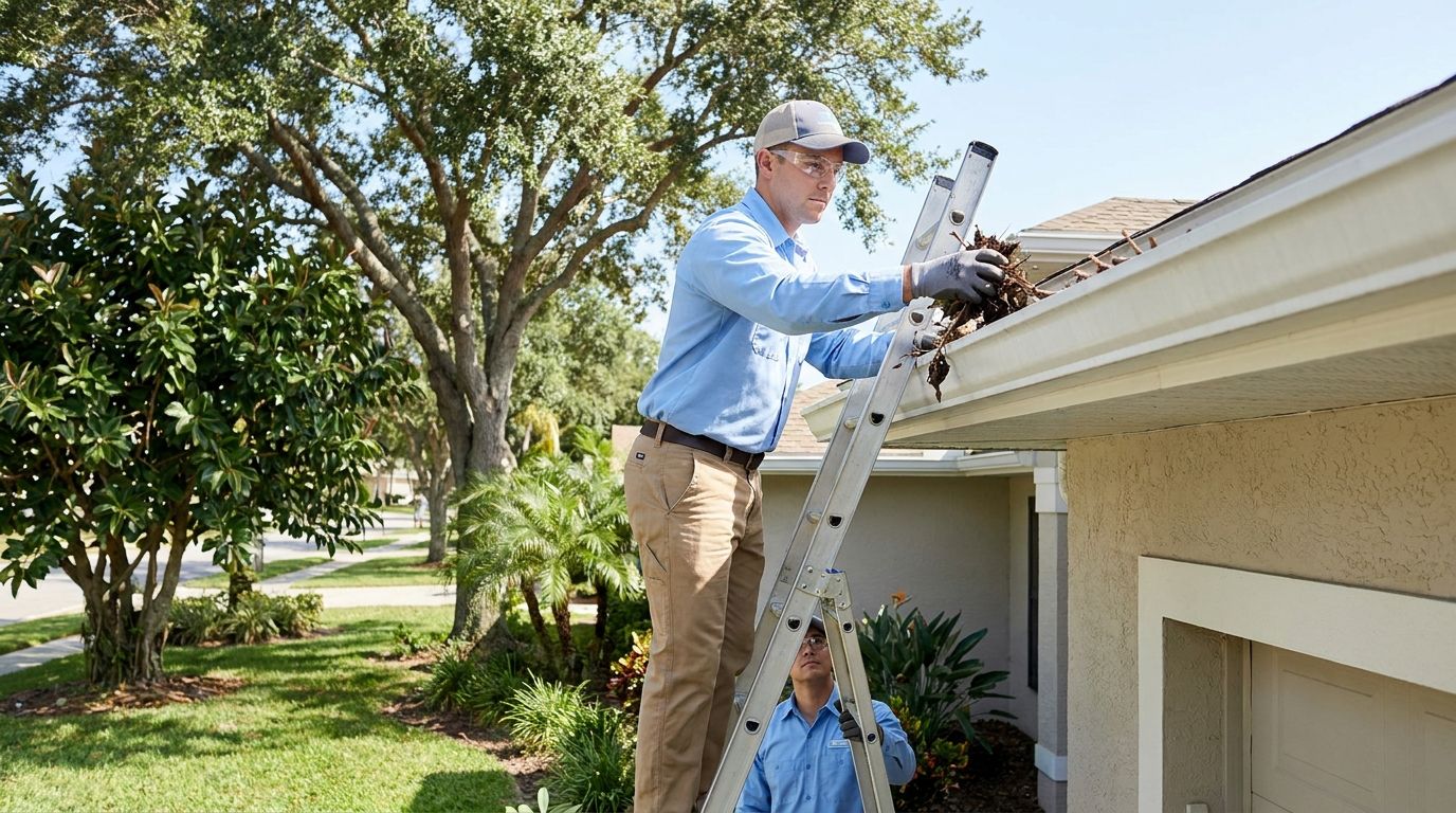Technician on a stabilized ladder clearing leaf-packed gutters on an established Cooper City home under oak canopy