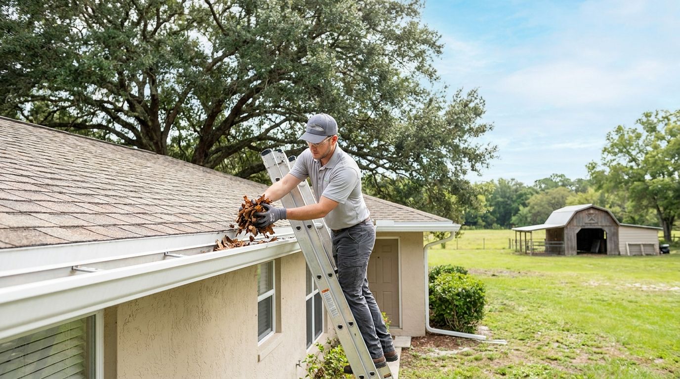 Gutter cleaner clearing heavy oak debris from a ranch-style acreage home in Davie, Florida