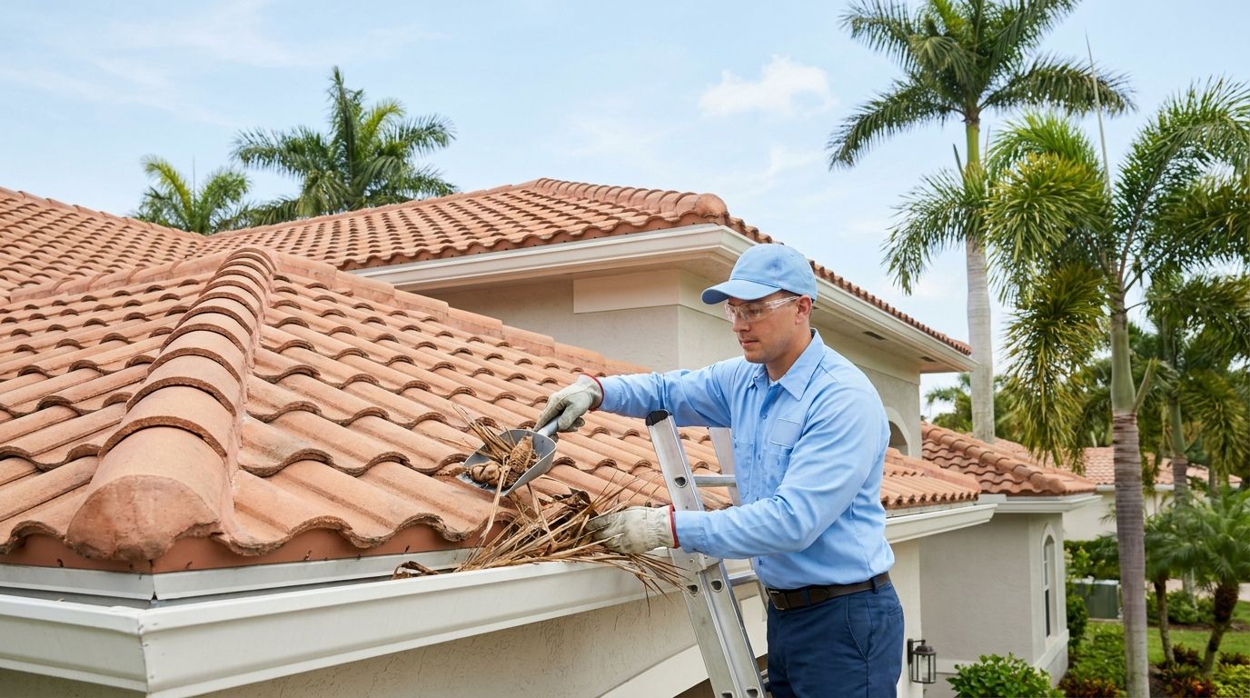 Technician clearing gutters from a ladder along the barrel-tile roof of a newer gated Miramar home with palms