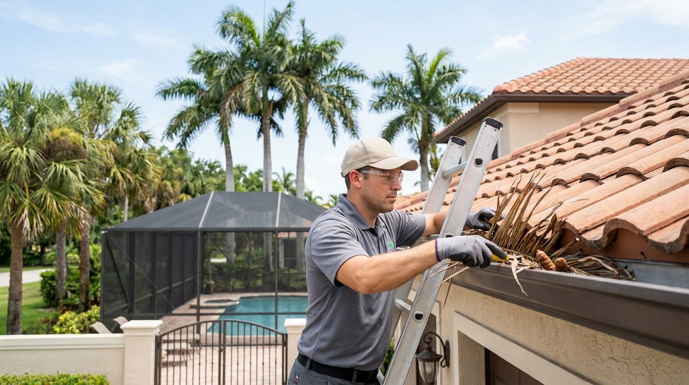 Technician safely clearing palm-frond debris from the tile-roof gutters of a gated Pembroke Falls home from a ladder