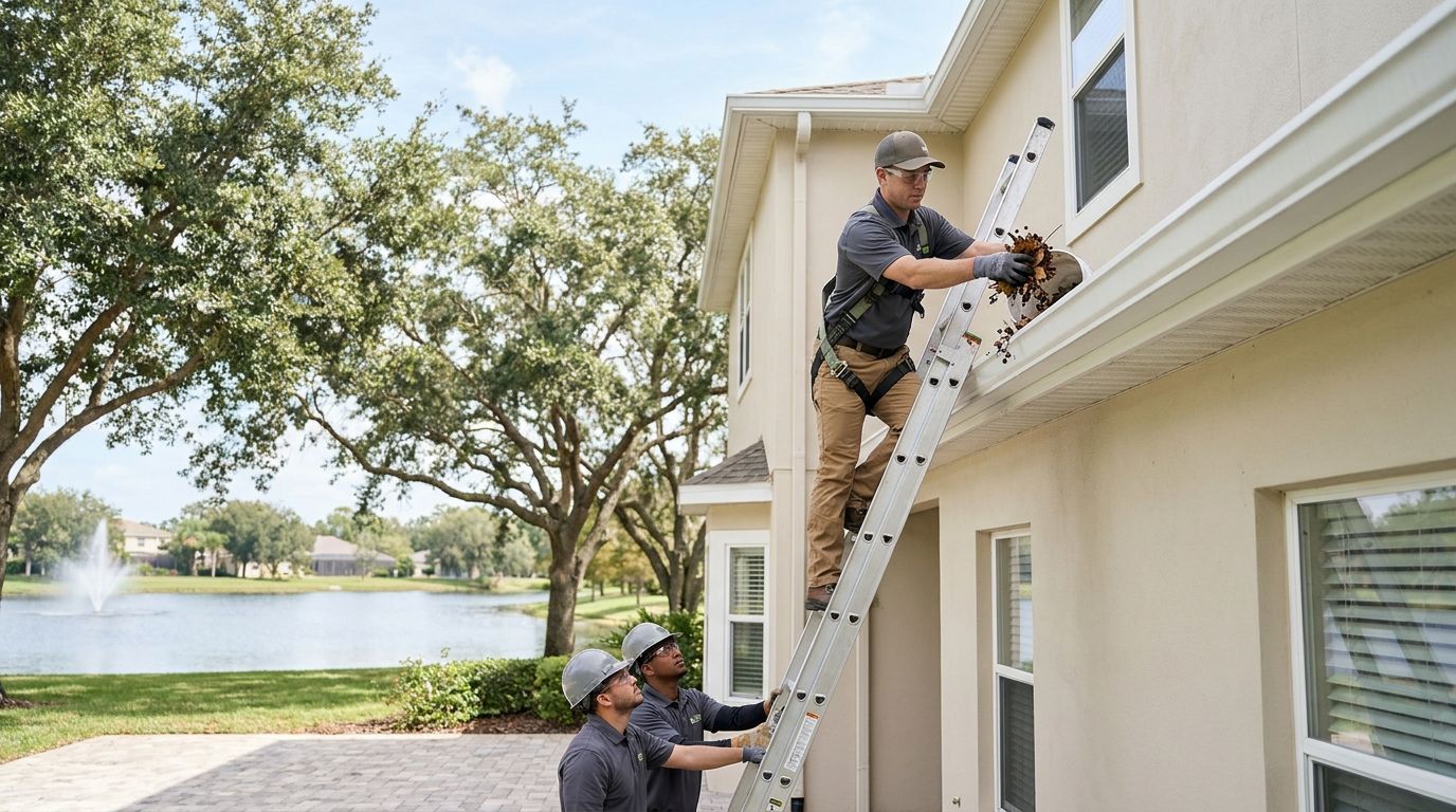 Technician on a tall ladder clearing the second-story gutters of a two-story lakefront SilverLakes home in Pembroke Pines