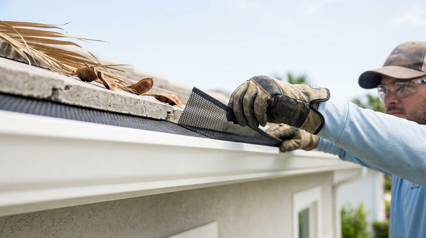 Installer fitting micro-mesh gutter guards onto the seamless gutters of a Pembroke Pines home