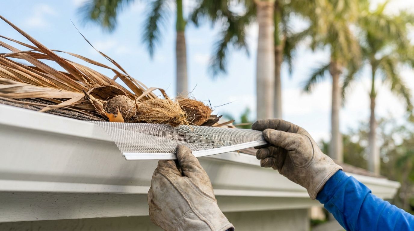 Micro-mesh gutter guard keeping palm fronds and seed pods out of a gutter on a South Florida home