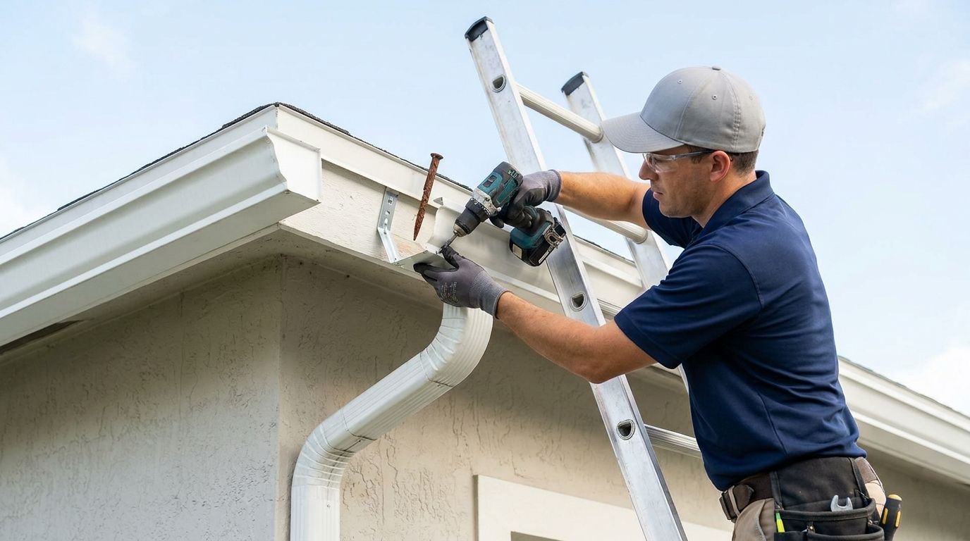 Gutter repair technician refastening a pulled-away seamless gutter to the fascia on a Pembroke Pines home