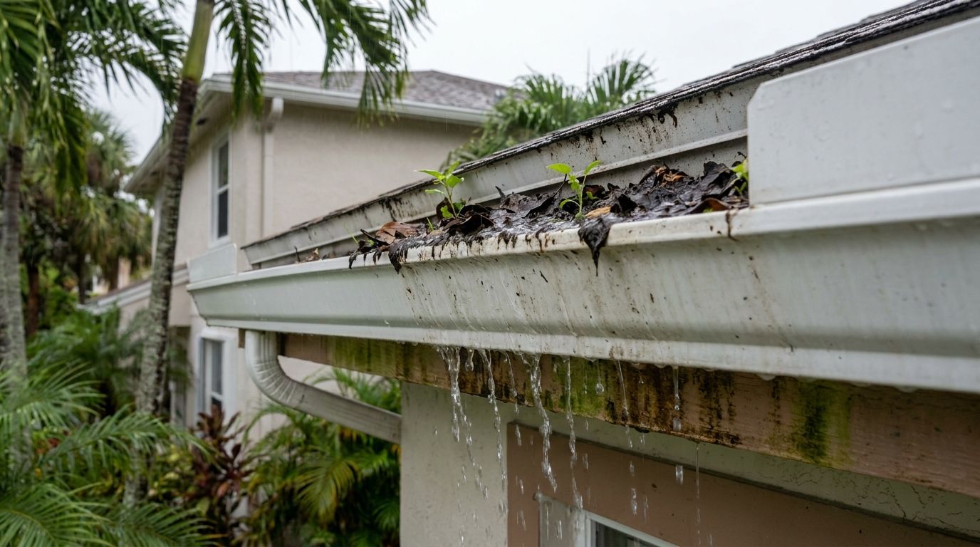Overflowing clogged gutter with water sheeting over the edge and seedlings sprouting in the debris on a South Florida home