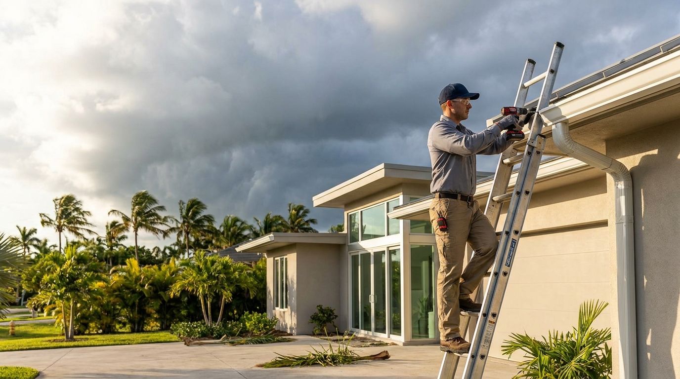 Clearing and securing a Pembroke Pines home's gutters ahead of an approaching storm during hurricane-season prep