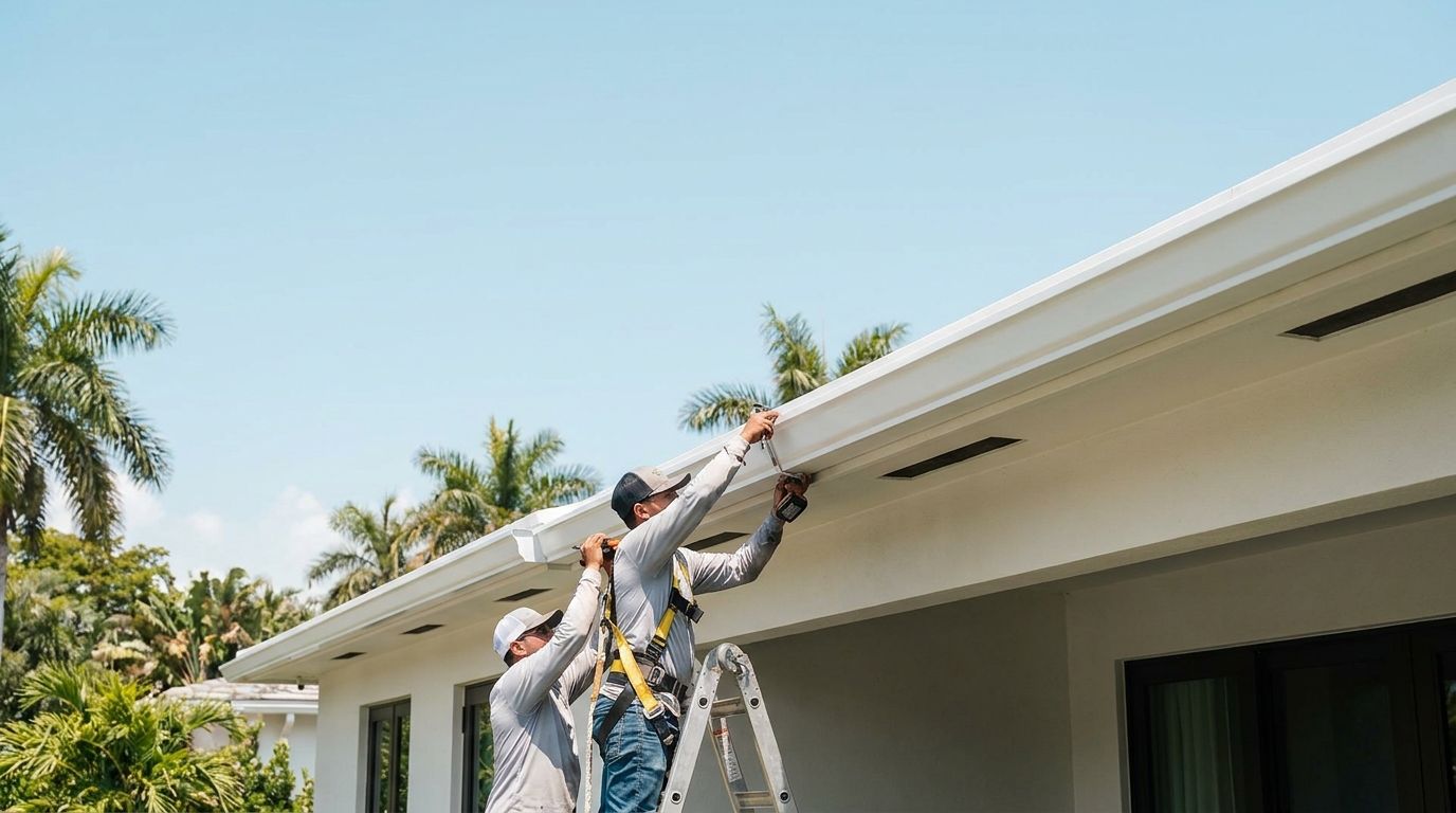 New seamless aluminum gutter being installed along the eave of a modern Pembroke Pines home
