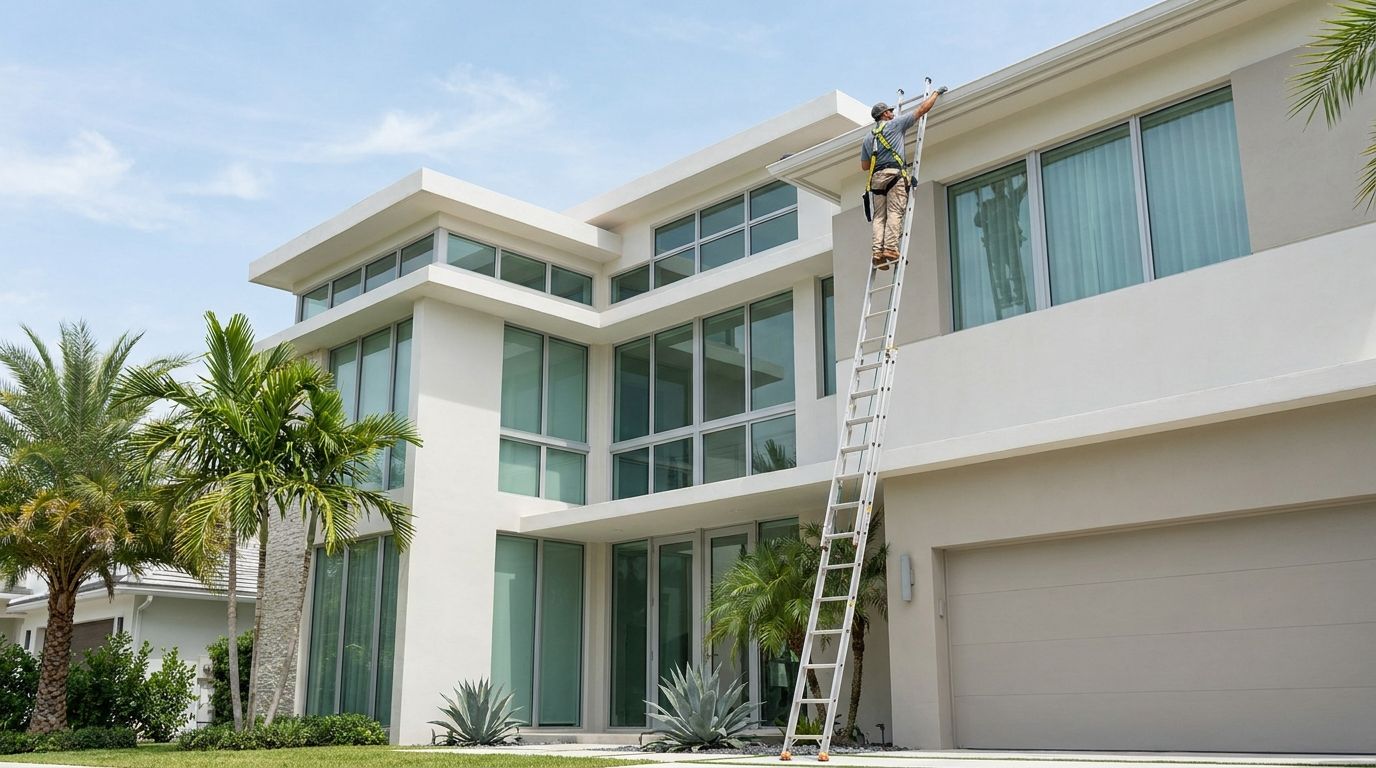 Gutter cleaning high on a tall three-story Pembroke Pines home from an extension ladder