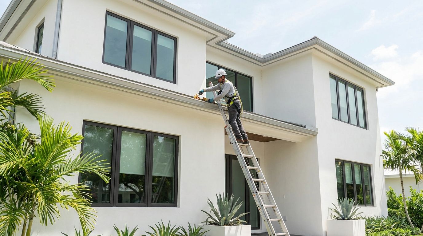 Gutter technician on a ladder reaching the second-story gutter of a two-story Pembroke Pines home